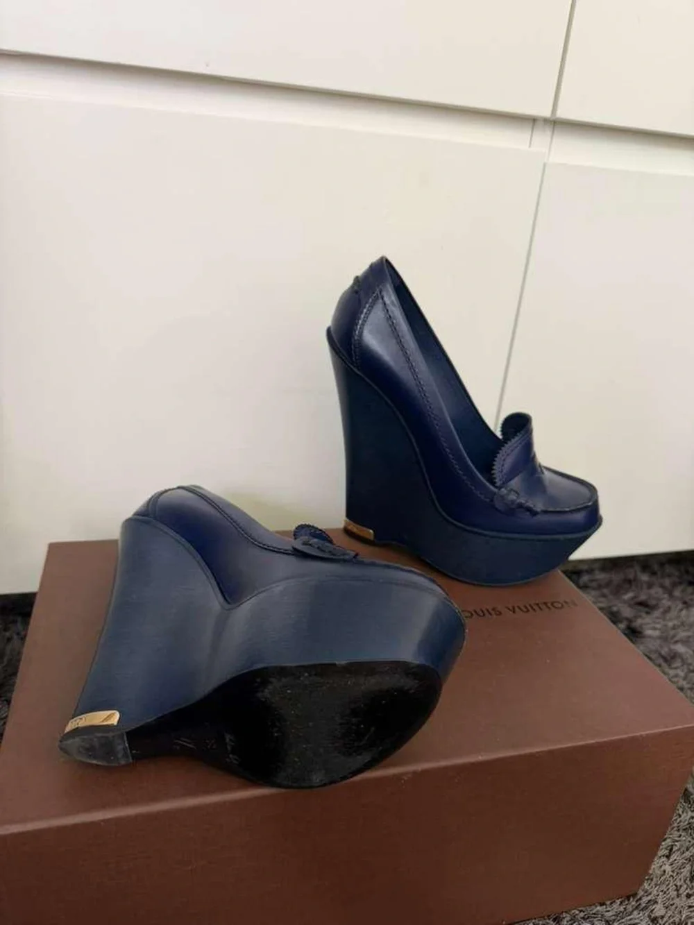 Louis Vuitton Navy Leather Platform Wedge Loafers limited edition